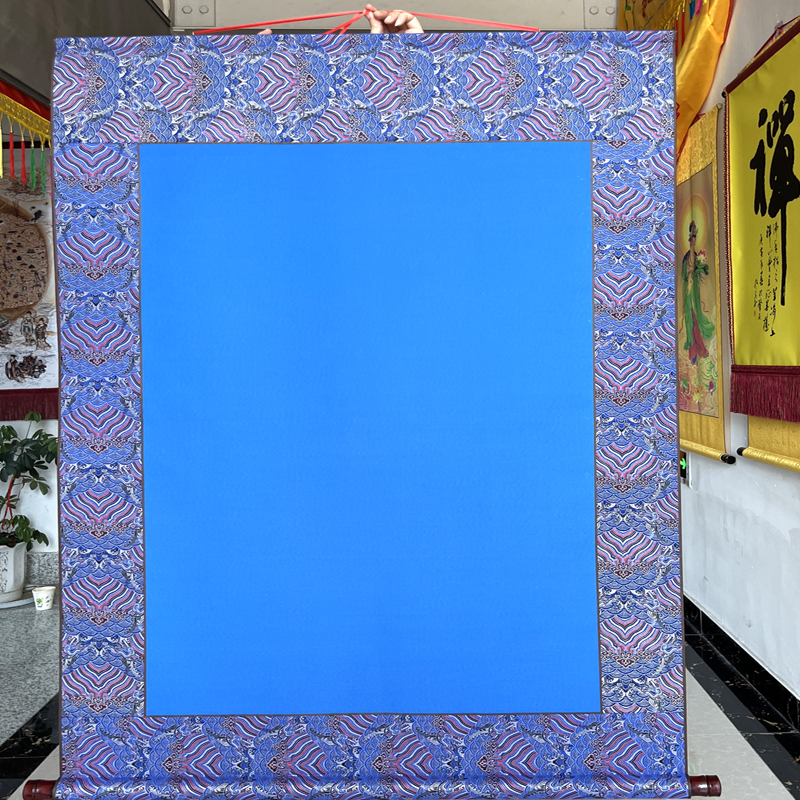 蓝色绿色绢布精装 堂单挂画装裱装饰画玄关书房 龙宫蓝底