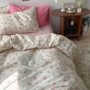 梨梦 汐颜 韩系温柔小碎花40支四件套全棉床单被套床上用品