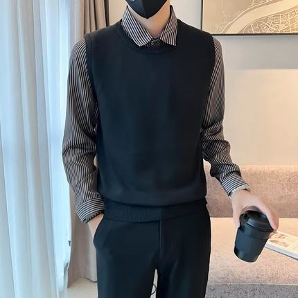 男士假两件衬衫领时尚毛衣秋冬季韩版潮流刺绣修身加绒条纹针织衫