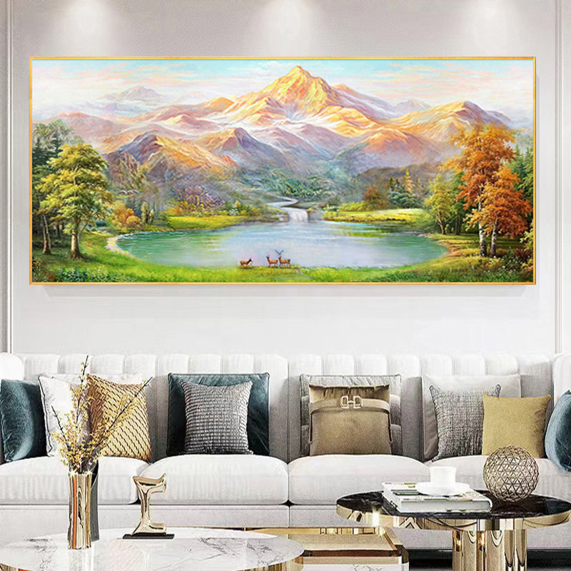 金山聚宝盆风景油画客厅美式横版挂画手绘欧式装饰画山水壁画定制