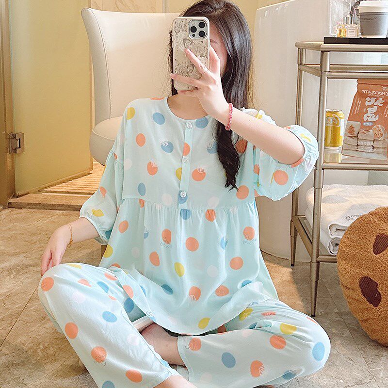 女士睡衣2024年春夏季新款宽松棉绸薄款七分袖长裤学生人棉家居服