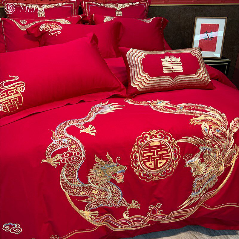 新中式结婚四件套龙凤喜被刺绣新婚大红色喜庆六件套婚庆床上用品,床上用品,婚庆床品套件,淘宝优惠券,粉丝福利购,淘宝优惠卷