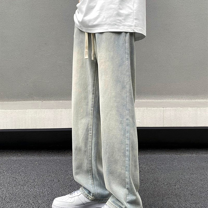 美式黄泥牛仔裤男生夏季薄款宽松直筒夏天冰丝浅S色水洗阔腿长裤