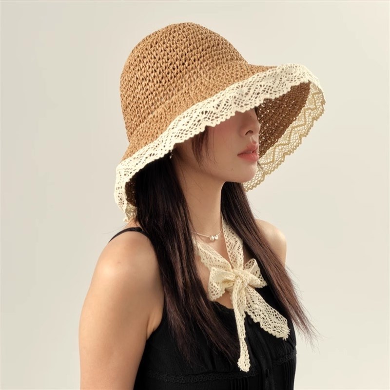 秃头少女~大帽檐飘带蕾丝边太阳帽女夏季户外海边可折叠草帽