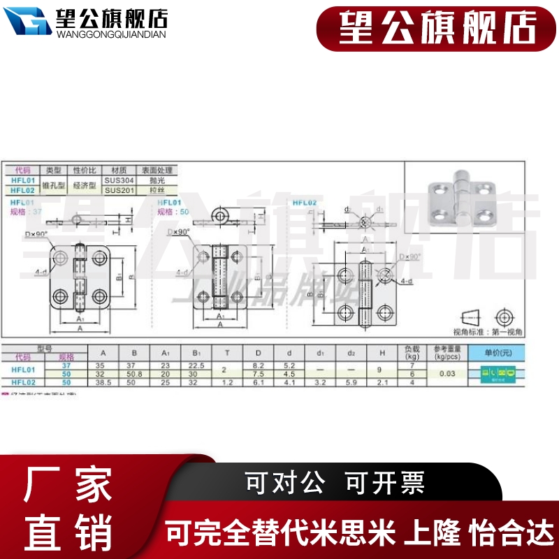 现货速发HFL01-37/50 不锈钢蝶形铰链孔距23*22.5工业通讯箱机械