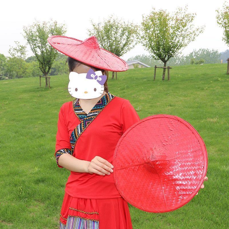 傣族舞蹈竹编斗笠红色花腰帽子儿童节目表演大人少数民族舞台道具