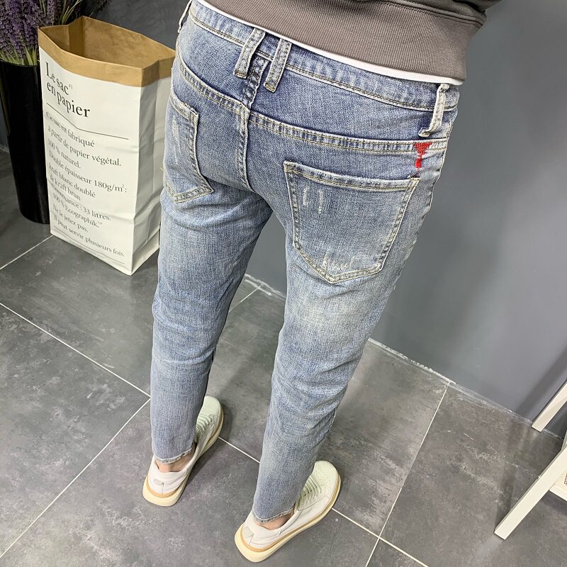 潮牌韩版潮流休闲弹力九分裤子春夏浅色男复古刺绣U修身牛仔烟管