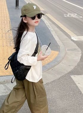 女童圆领长袖T恤白色2024春装新款儿童韩版洋气纯棉打底衫上衣潮
