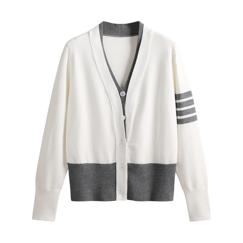 韩版假两件v领毛衣女短款针织开衫女四道杠慵懒风修身上衣女外套