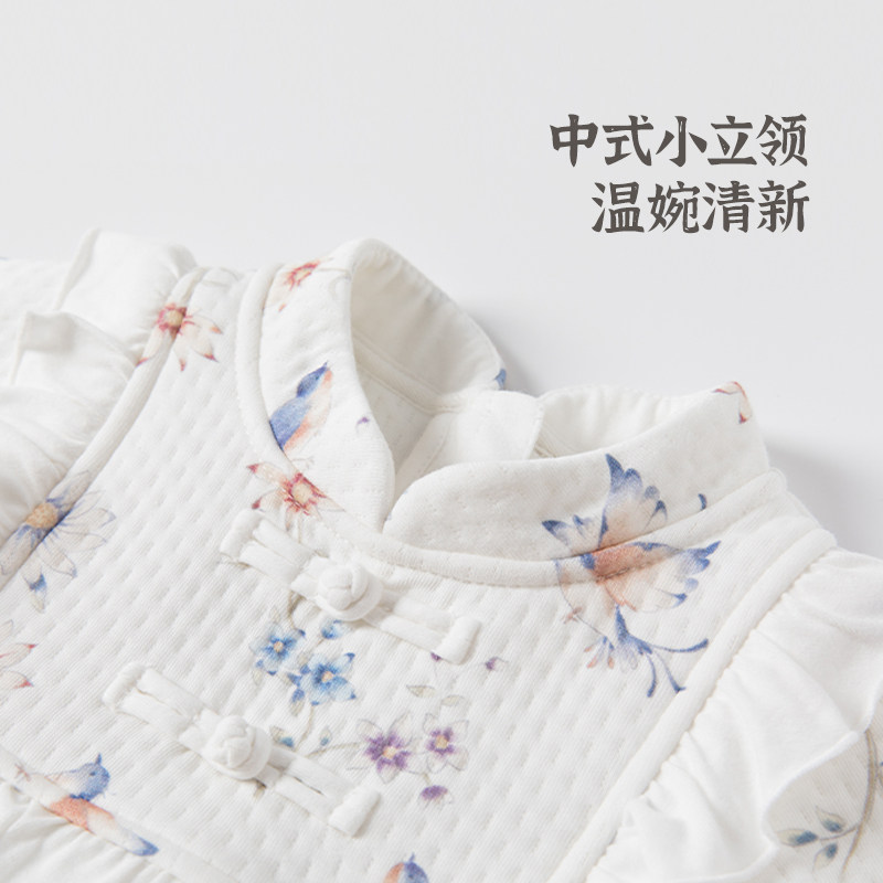 女宝宝三层c夹丝棉中式洋装秋冬季婴儿保暖裙子公主风周岁礼衣服