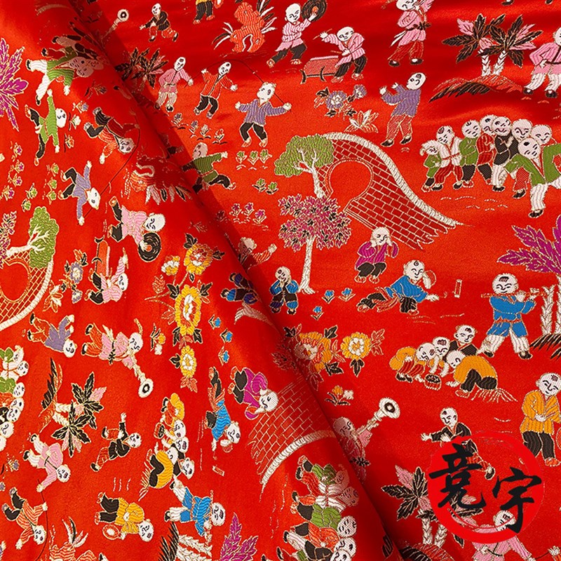 新款百子图高精密童装服装面料中国风拜年服中式唐装织锦缎布料