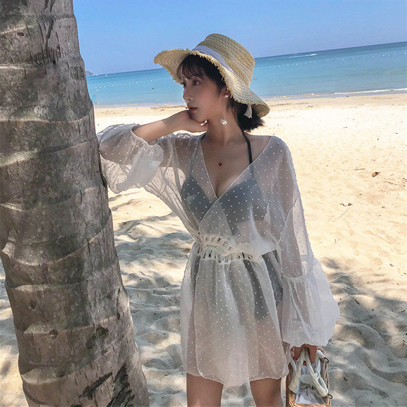 夏季海边超仙透明雪纺外搭防晒衣女长款超薄透气宽松波点开衫外套