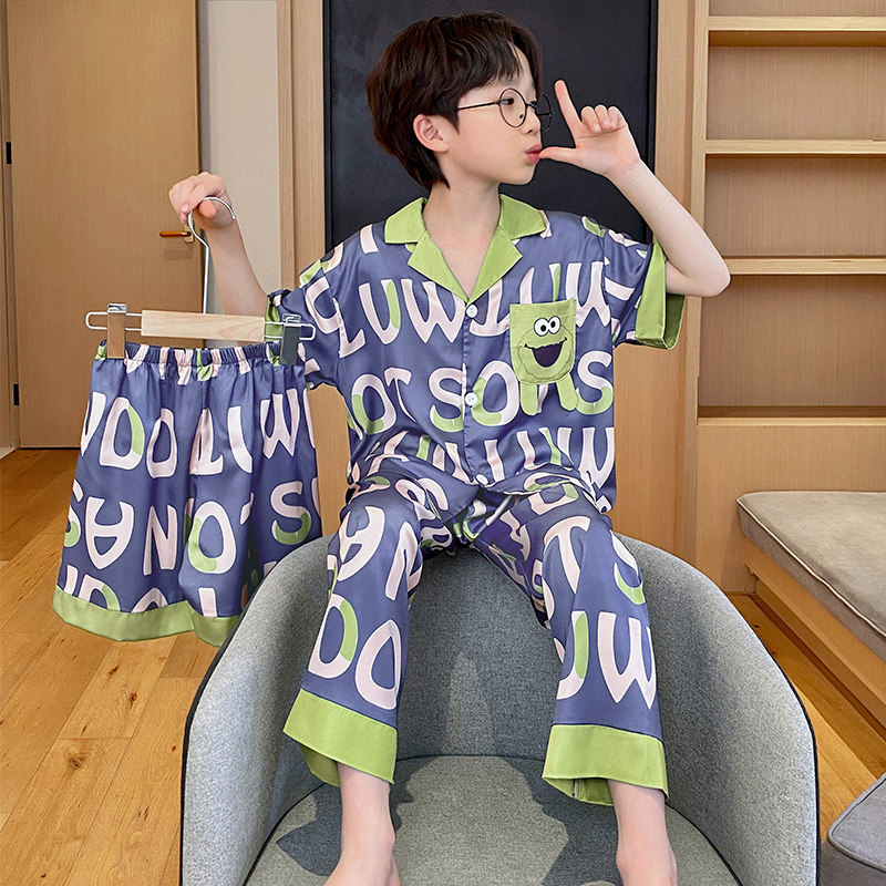 儿童睡衣男童夏季冰丝薄款三件套装中大童短袖长裤男孩真丝家居服