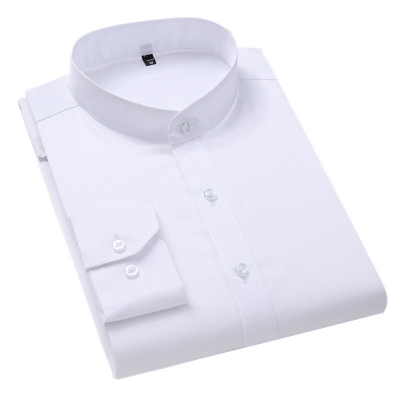 纯棉白色立领衬衫衣男长袖韩版上班寸衣衫K大码占无圆领衬衣休闲