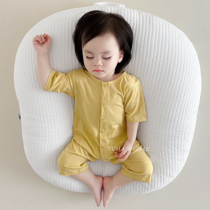 婴儿连体衣夏装薄款中袖九分裤无骨爬服哈衣婴幼儿宝宝睡衣空调服