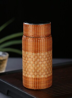 高颜值手工竹编竹丝纯钛保温杯显温旅行便携泡茶杯水杯水壶泡茶杯