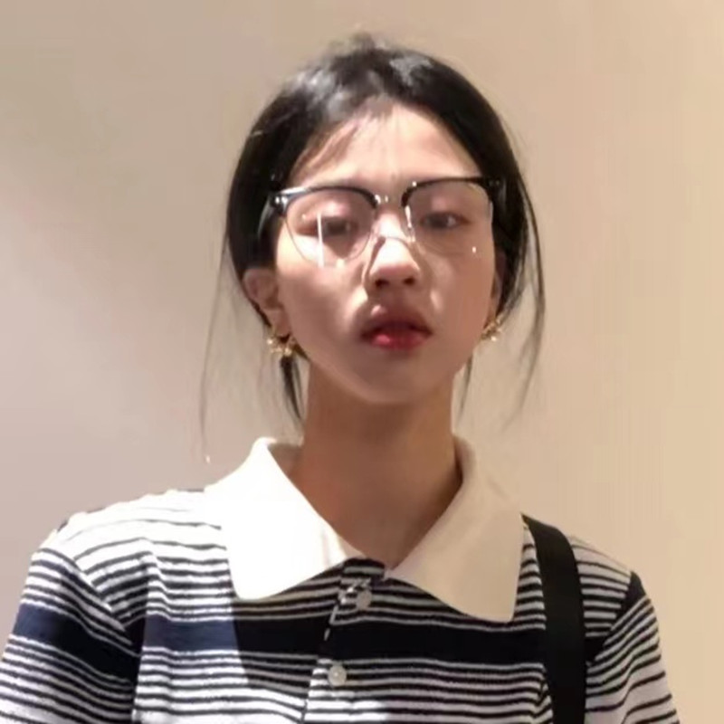 日系半框铆钉复古黑框方形圆脸显瘦平光眼镜女文艺近视框架小脸