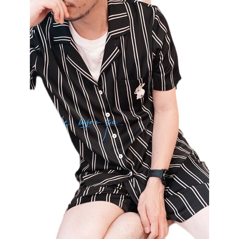 夏季情侣睡衣套装 黑白条纹图案丝绸材质男女休闲家居服可外穿