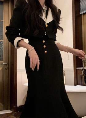 黑白拼色休闲女装2022新款套装秋季两件套西装外套修身鱼尾长裙子