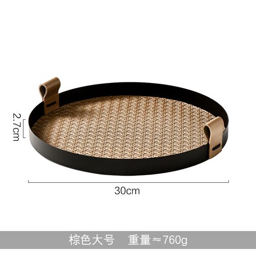 ll ins轻奢格纹皮革铁艺圆形香薰托O盘感家居收纳装饰摆