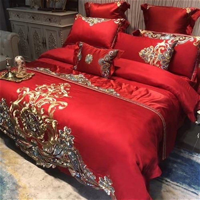 大红色结婚床上用品新婚四件套奢华十件套刺绣婚庆床盖式被套