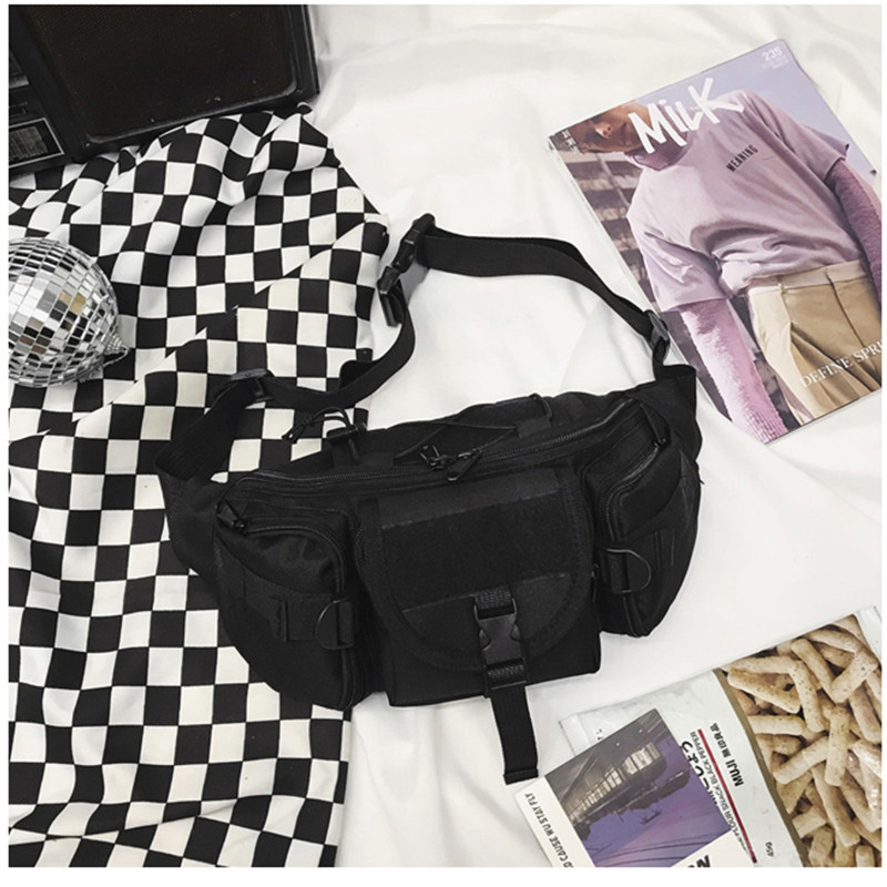 腰包男女暗黑胸包工装时尚黑色机车机能包运动多口袋单肩斜挎包潮