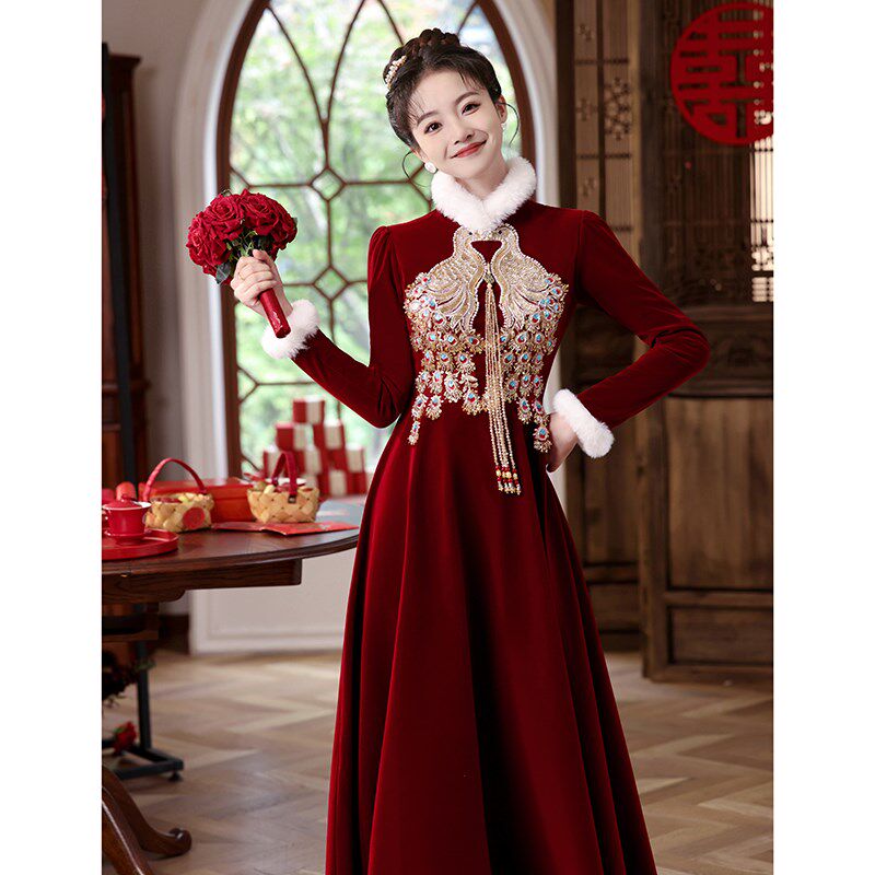 新中式旗袍敬酒服新娘2024新款秋冬季长袖红色结婚回门订婚礼服裙