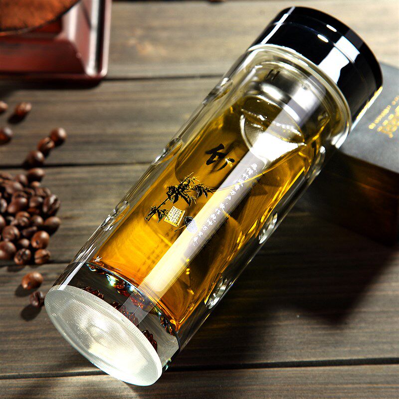 七彩水晶双层玻璃水杯男刻字茶水分离茶杯高级便携杯子女家用喝水