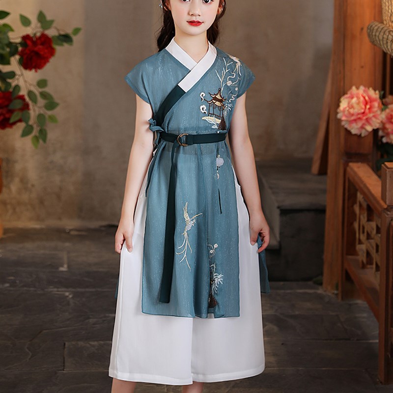 现货汉服女童古装中国风2t022新款夏季薄款儿童装夏装短裤古风男