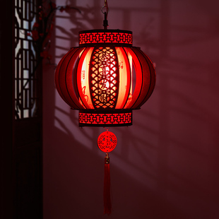 新年复古宫廷木艺花雕福字流苏发光红灯笼龙年春节.装 新品 饰品挂