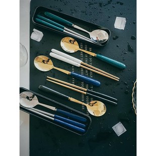 陶瓷不锈钢筷子勺子套装上班族学生便携餐具一人食旅行筷子单人装