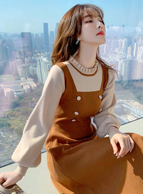 哺乳洋装春秋季外出辣妈u款假两件针织显瘦哺乳衣服毛衣裙秋冬装