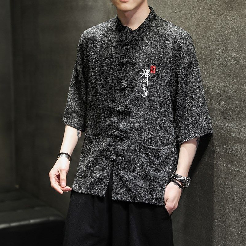 中国风唐装夏季亚麻衬衫男宽松大码复古装中式七S分袖棉麻立领衬,男装,唐装,淘宝优惠券,粉丝福利购,淘宝优惠卷
