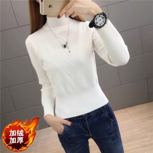 针织打底线衫 修身 保暖上衣2021新款 加绒加厚毛衣冬女士半高领短款