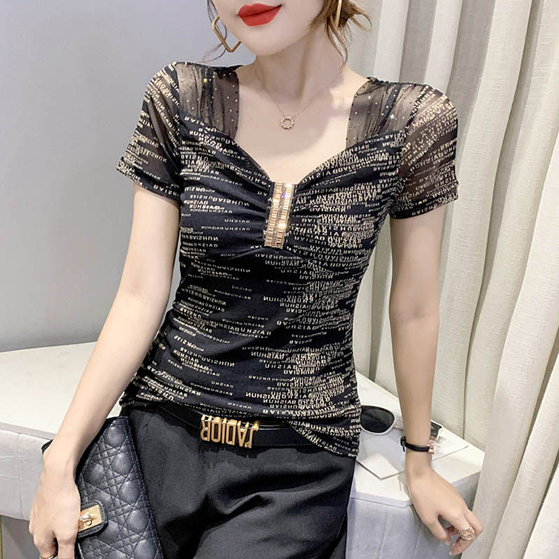 性感V领T恤女短袖夏季时尚烫钻上衣网纱拼接小衫洋气显瘦半袖体恤