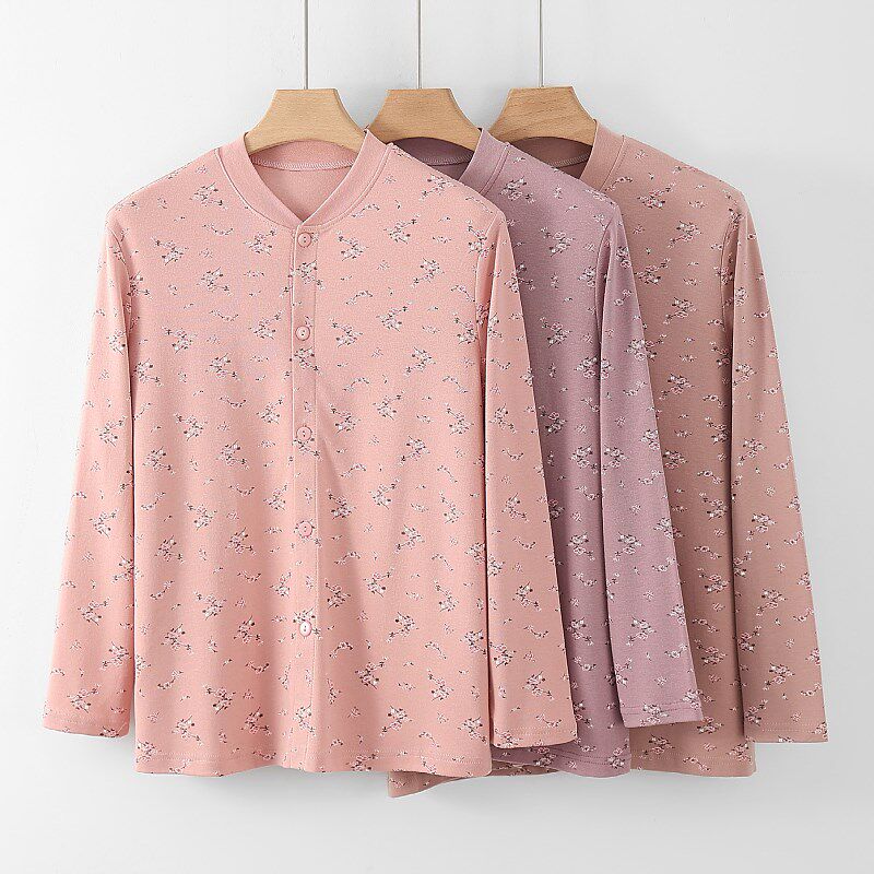老人开衫女秋衣秋裤春秋冬季保暖内衣套装对襟开身中老年圆领