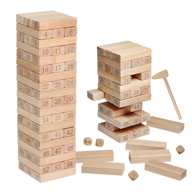 儿童益智玩具启蒙积木54粒桶装彩色叠叠高抽积Q木儿童益智桌面游