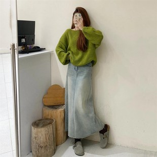 两件套装 冬季 上衣搭配高腰牛仔半身裙时尚 新款 女 慵懒风软糯针织衫