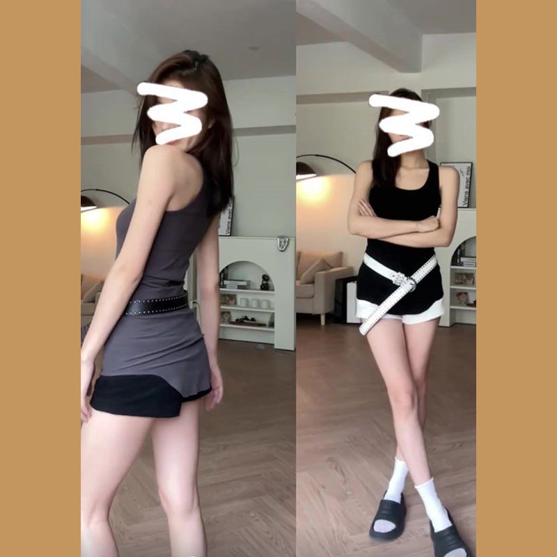灰色中长款u领吊带背心女夏季外穿不规则打底t恤修身无Z袖辣妹上