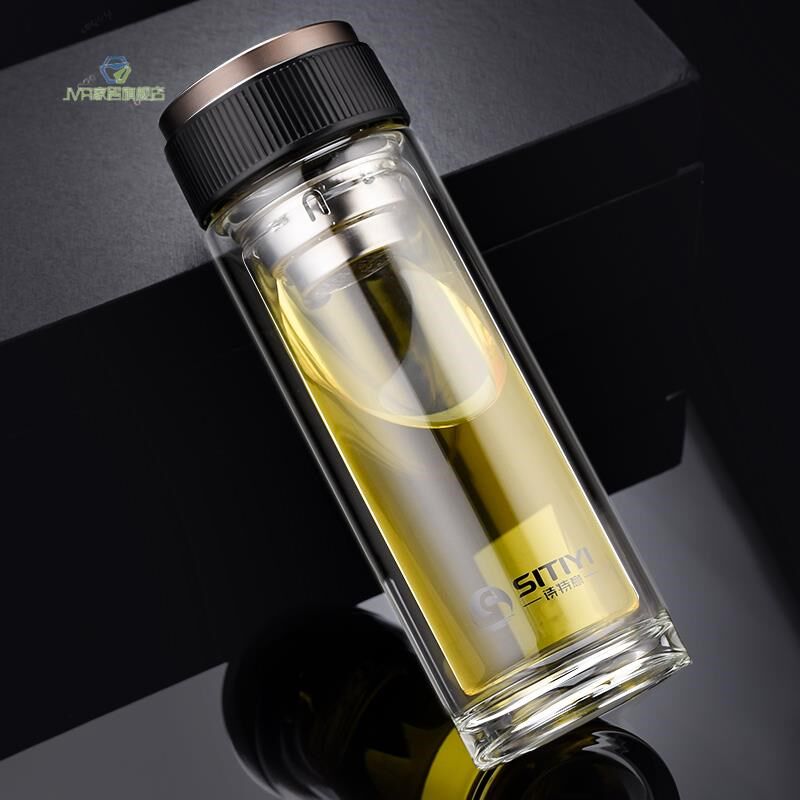 新款诗特意玻璃杯双层男士车载办公透明杯子水杯大带滤网广告