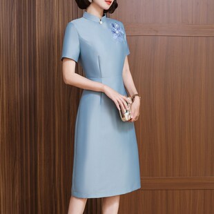 蓝色改良旗袍女i气质优雅中年妈妈婚宴礼服连衣裙修身 2023新 夏季