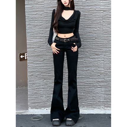 李李服饰黑色低腰辣妹微喇加绒牛仔裤女冬季新款弹力显瘦百搭长裤