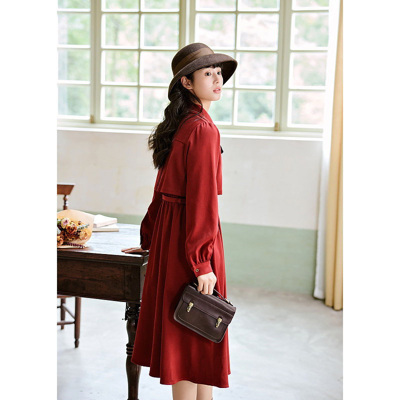 紫涵假两件收腰连衣裙女2023年冬季新款复古高腰显瘦大裙摆中长裙