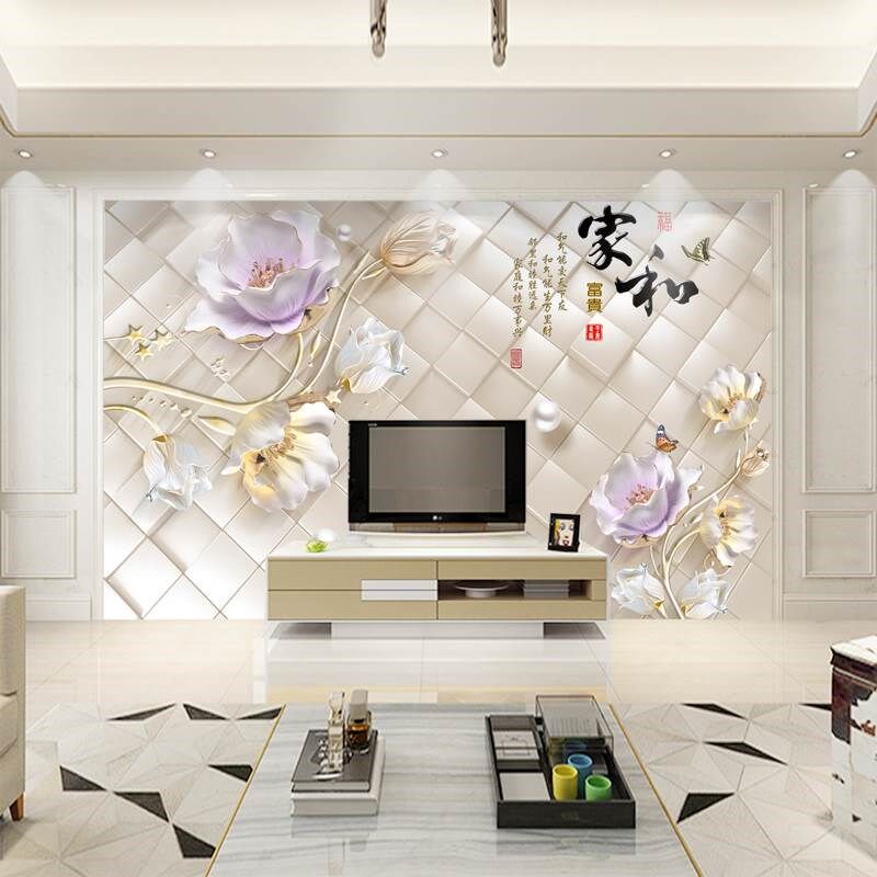2023新中式客厅电视背景墙壁纸定制壁画家和立体大气影视墙纸壁布