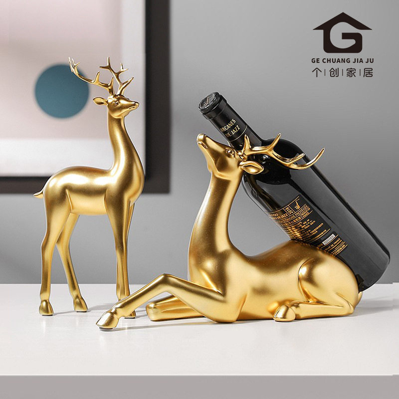 速发欧式简约金鹿酒架房间酒柜桌面装饰品摆件仿真动物轻奢树脂工