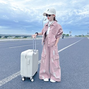 女大童春秋装牛仔套装2024新款儿童洋气炸街韩版工装阔腿裤两件套