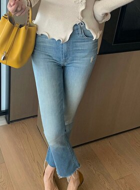 2023夏薄款磨边弹力v浅蓝色高腰牛仔裤女微喇直筒九分裤
