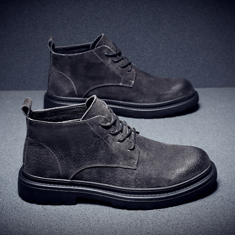新款休闲马丁靴低帮短靴子男款灰色皮靴百搭英伦风透气工装鞋男士