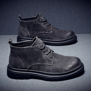 新款休闲马丁靴低帮短靴子男款灰色皮靴百搭英伦风透气工装鞋男士
