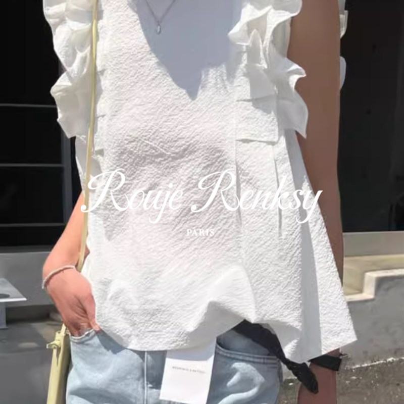 法国 法式小众设计感双层荷叶边飞飞袖衬衫上衣女夏季